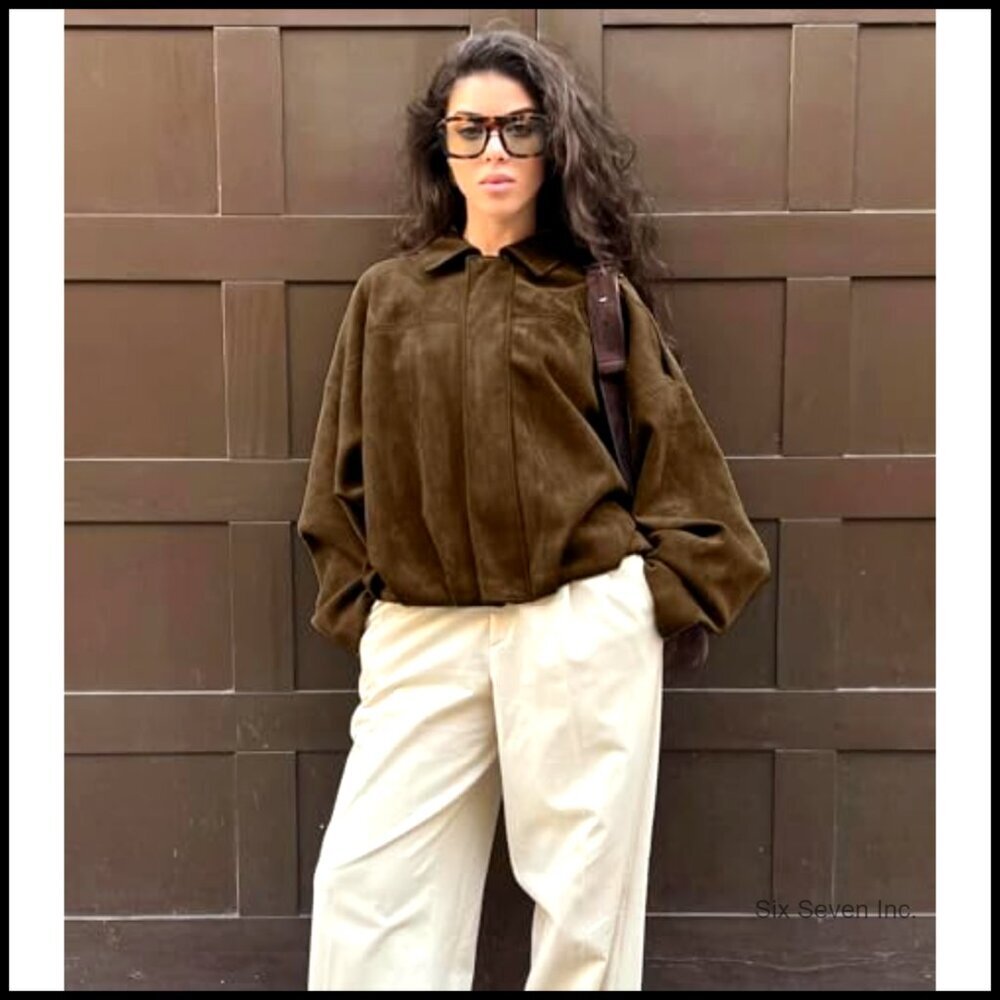 Faux Suede Bomber Jacket Oversized Lapel Long Dolman Sleeves Streetwear Chic - Picture 5 of 7